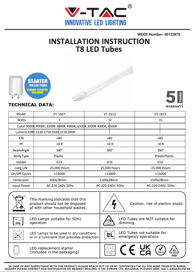 Page 1 de la notice Manuel utilisateur V-TAC VT-1607