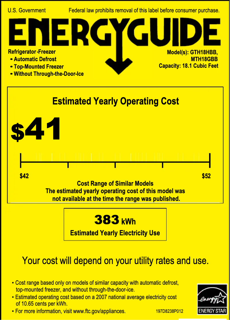 Page 1 de la notice Label énergétique GE GTH18HBBBB