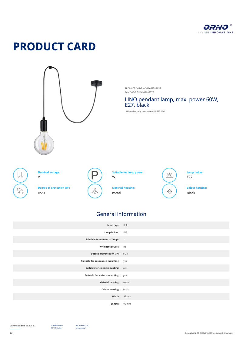 Page 1 de la notice Fiche technique Adviti AD-LD-6358BE27