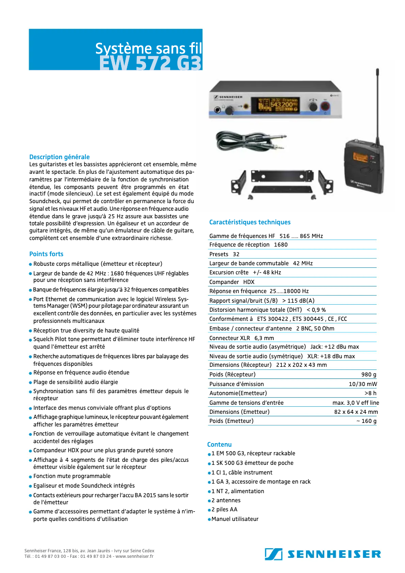 Page 1 de la notice Fiche technique Sennheiser EW 572 G3