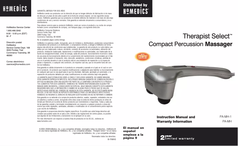 Page n°1 - Manuel utilisateur Homedics Therapist Select PA-MH