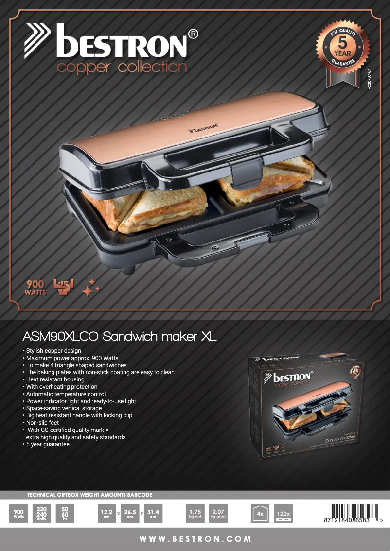 Page 1 de la notice Fiche technique Bestron ASM90XLCO
