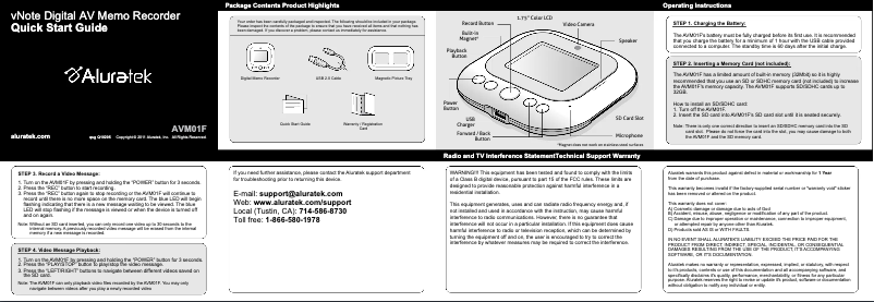 Page n°1 - Manuel utilisateur Aluratek AVM01F
