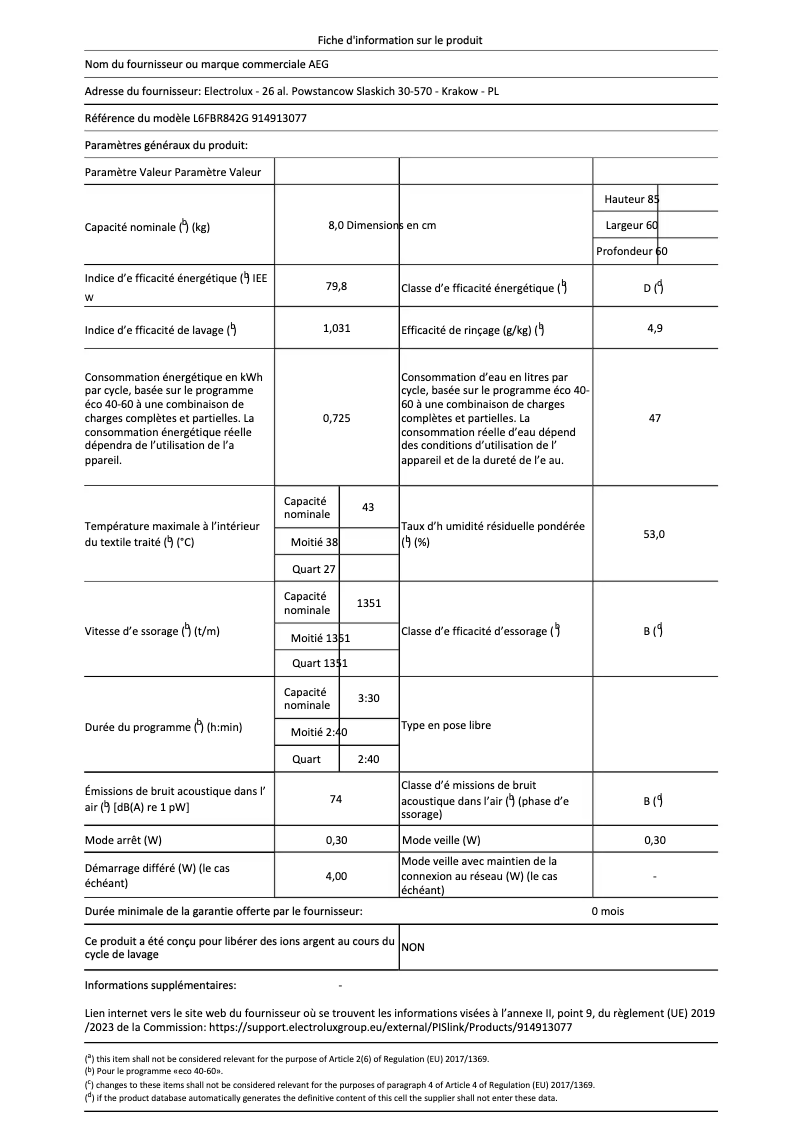 Page n°1 - Fiche technique AEG L6FBR842G