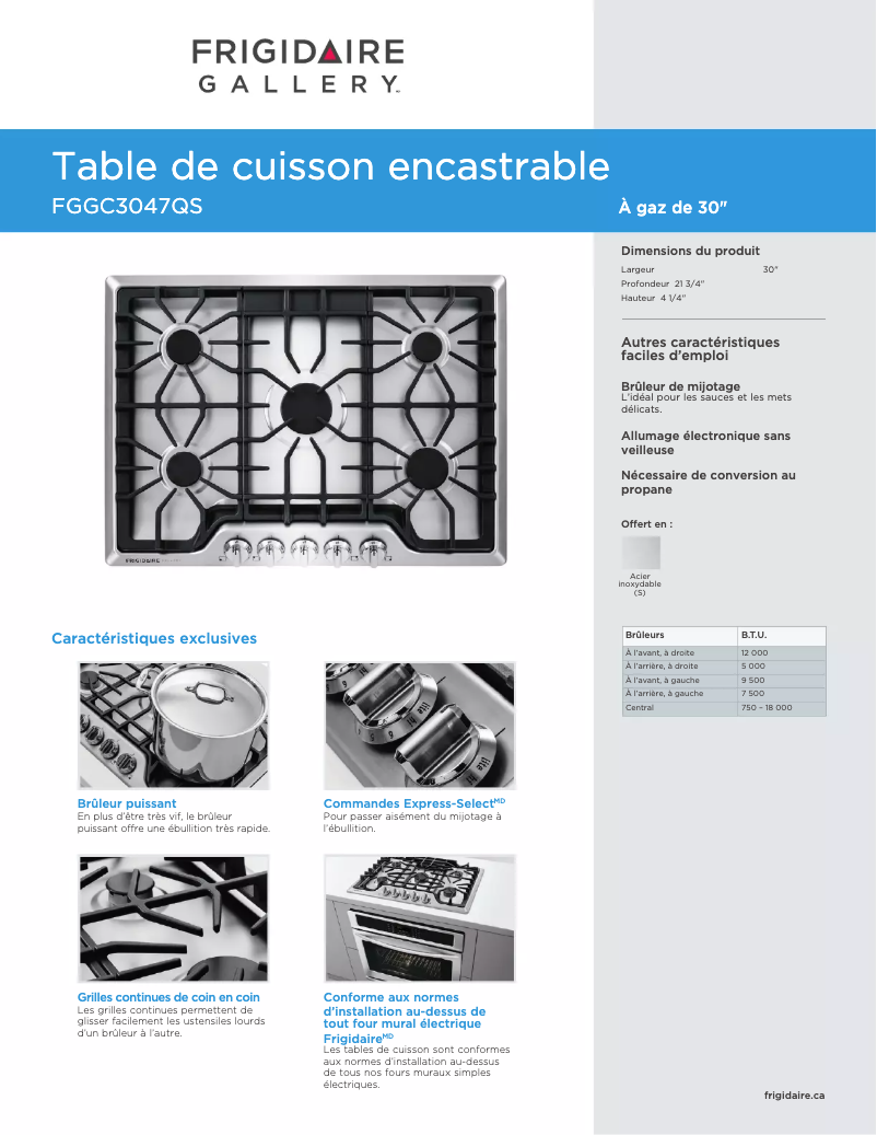 Página 1 del manual Ficha técnica Frigidaire FGGC3047QS