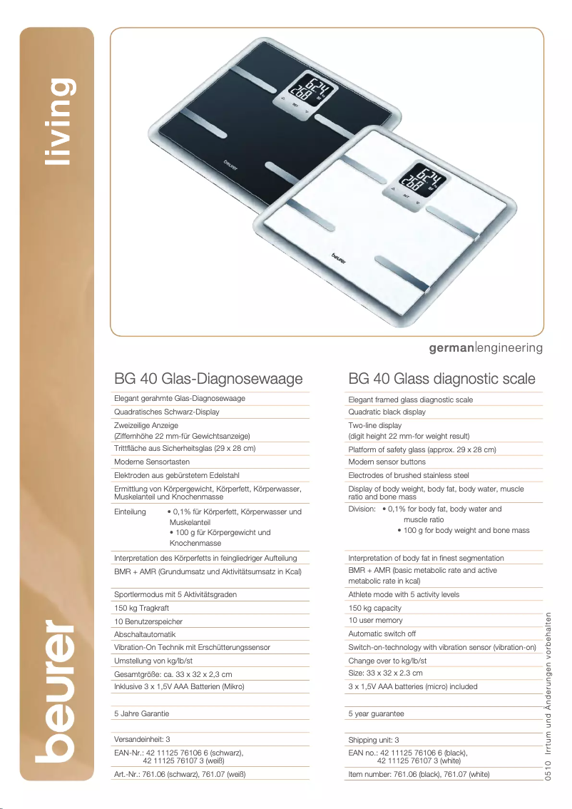 Page 1 de la notice Fiche technique Beurer BG 40