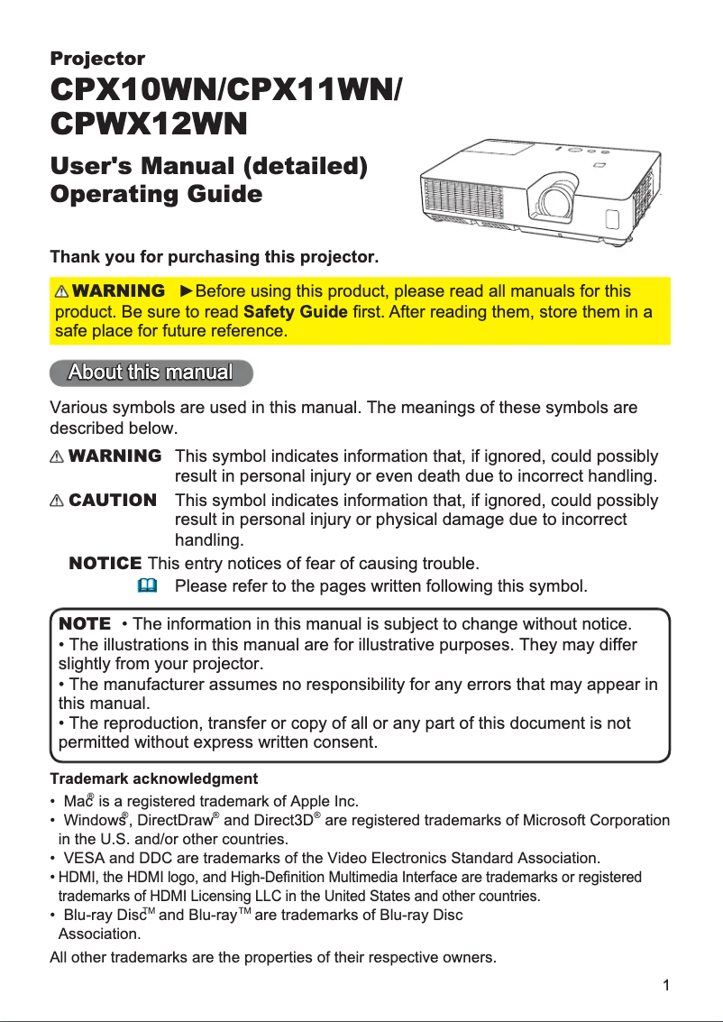 Page 1 de la notice Manuel utilisateur Hitachi CPX11WN