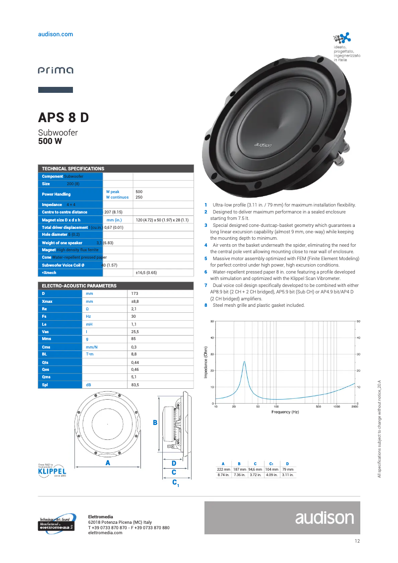 Page n°1 - Fiche technique Audison Prima APS 8 D