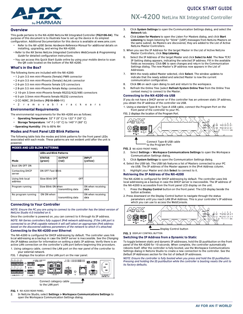 Page 1 de la notice Guide de démarrage rapide AMX NetLinx NX-4200