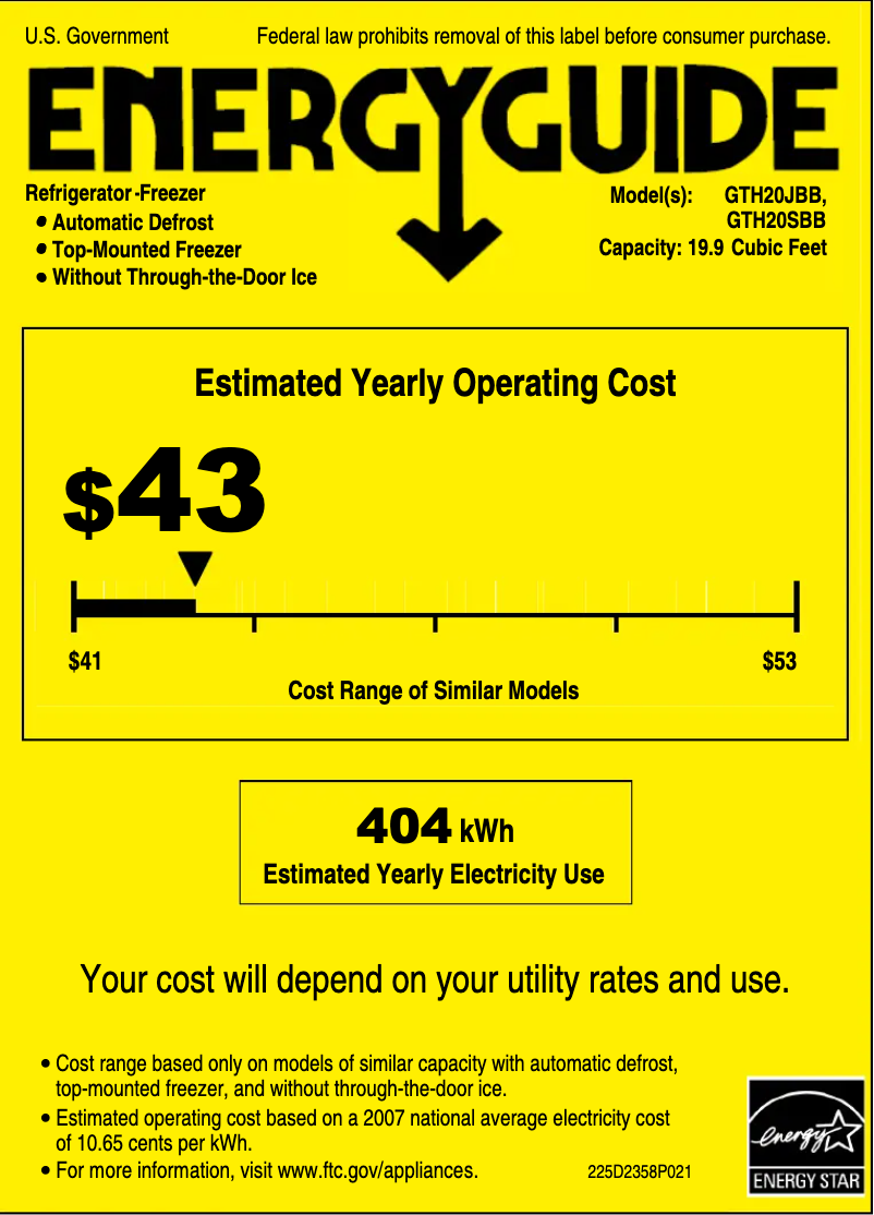 Page n°1 - Label énergétique GE GTH20JBBWW