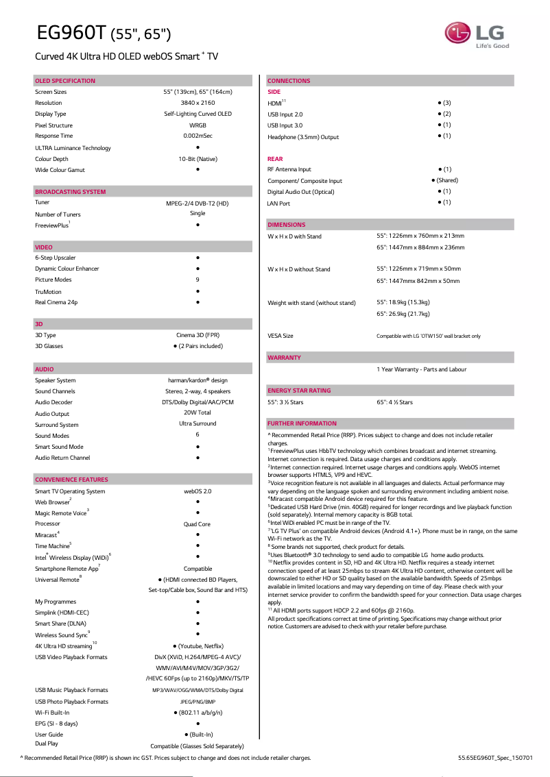 Página 1 del manual Ficha técnica LG 55EG960T