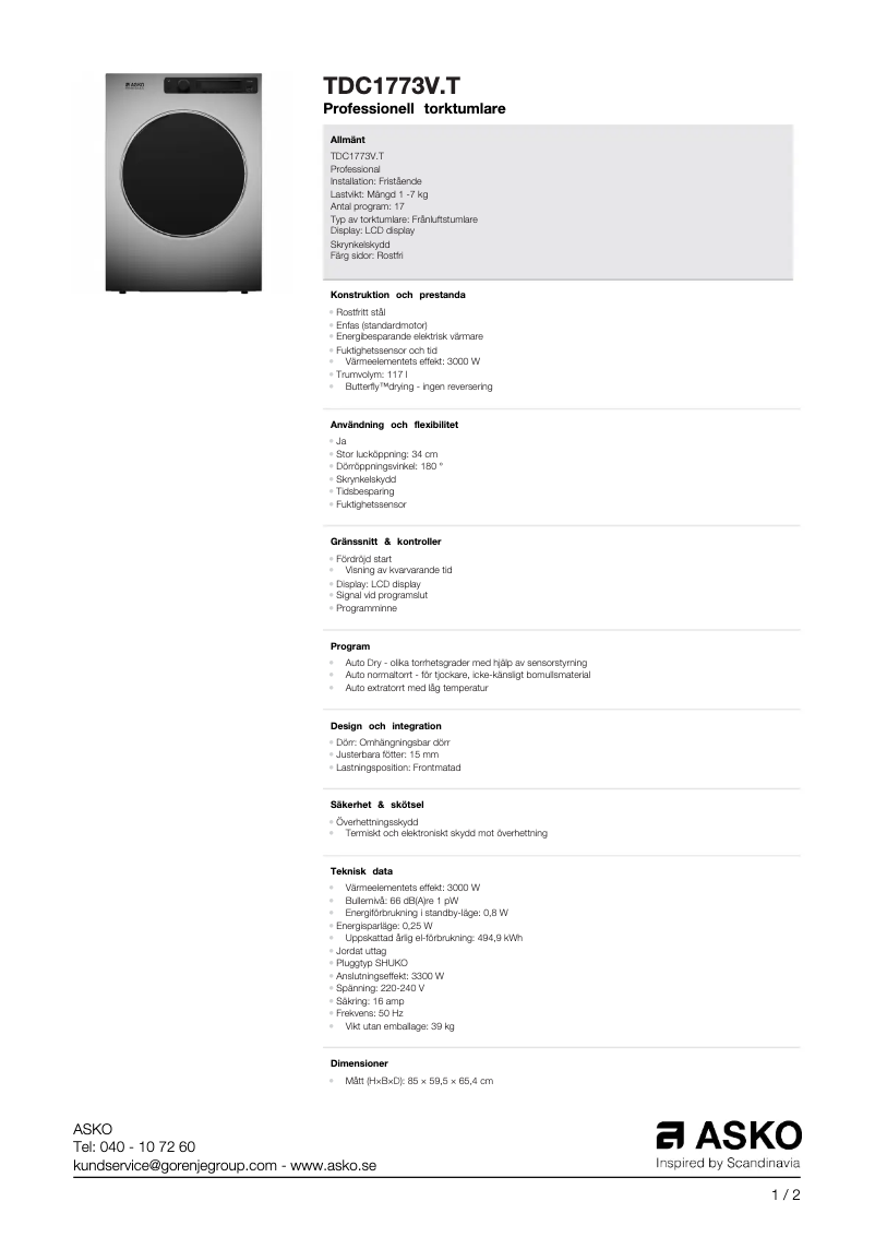 Page 1 de la notice Fiche technique Asko TDC1773V.T
