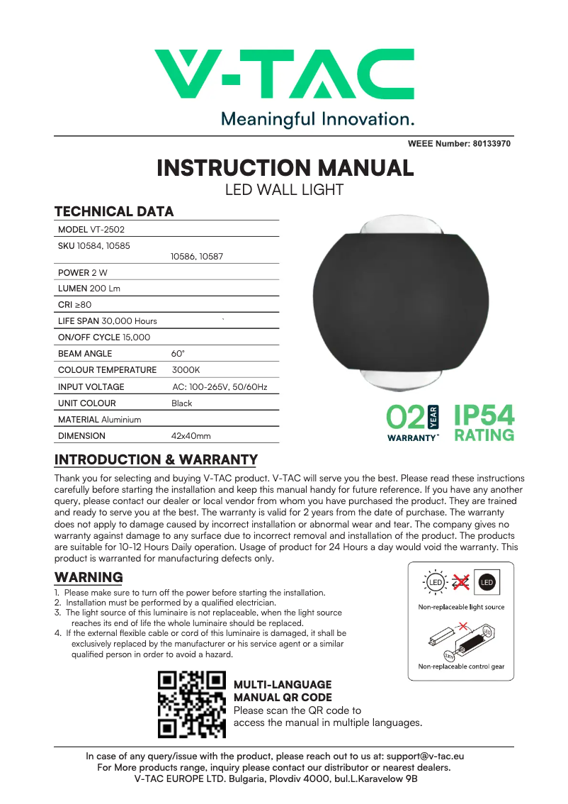 Page 1 de la notice Manuel utilisateur V-TAC VT-2502