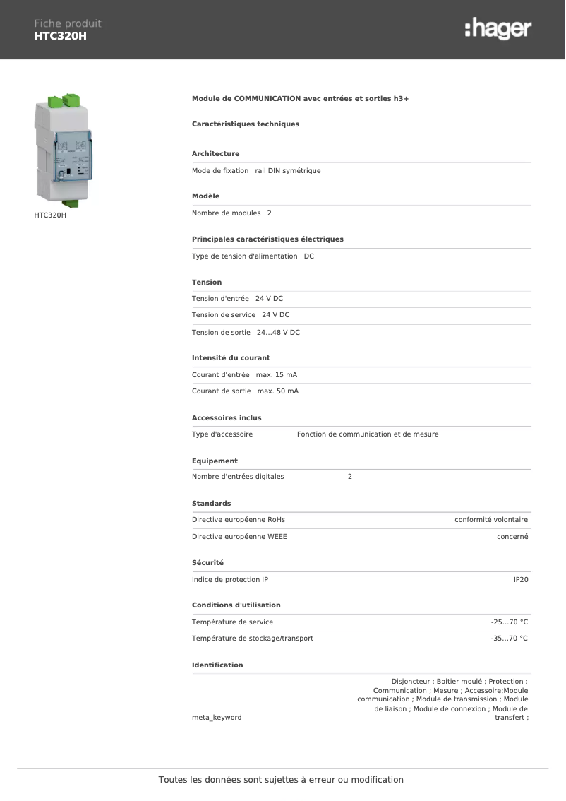 Page n°1 - Fiche technique Hager HTC320H
