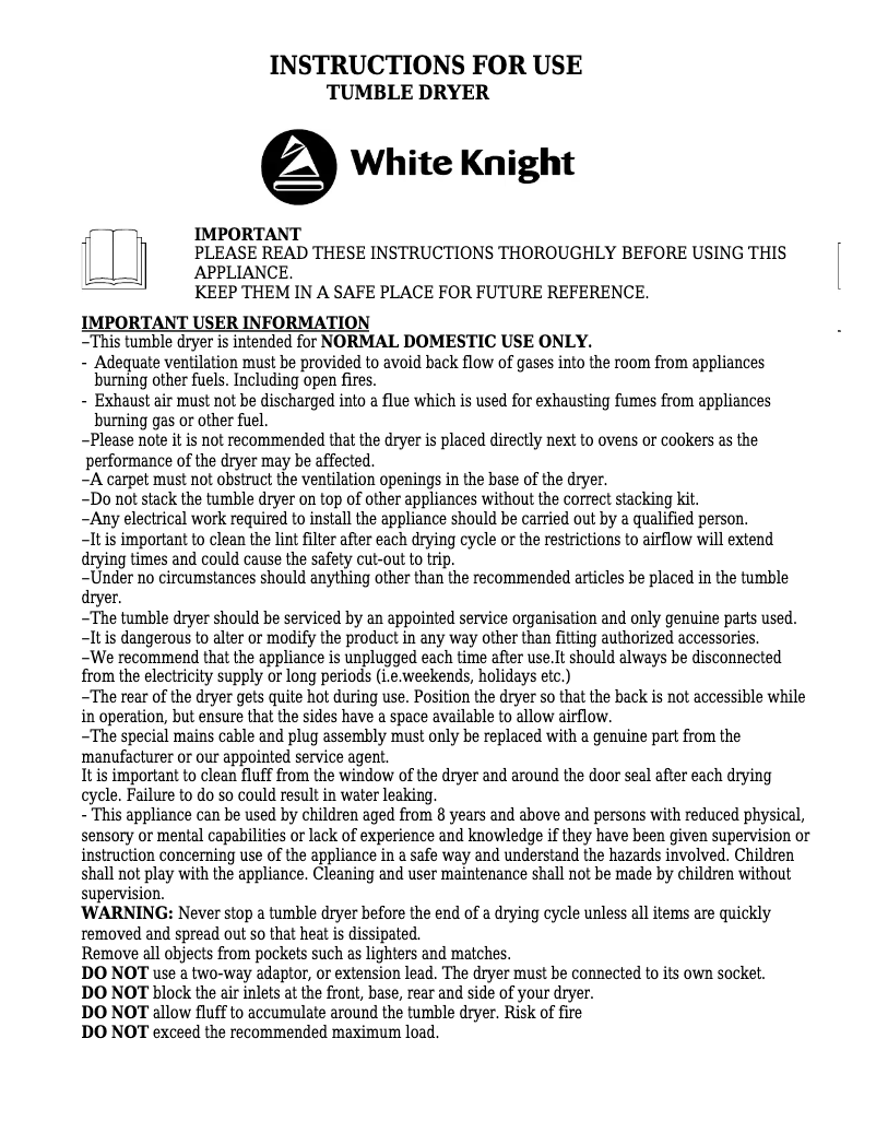 Page 1 de la notice Manuel utilisateur White Knight C44A7W