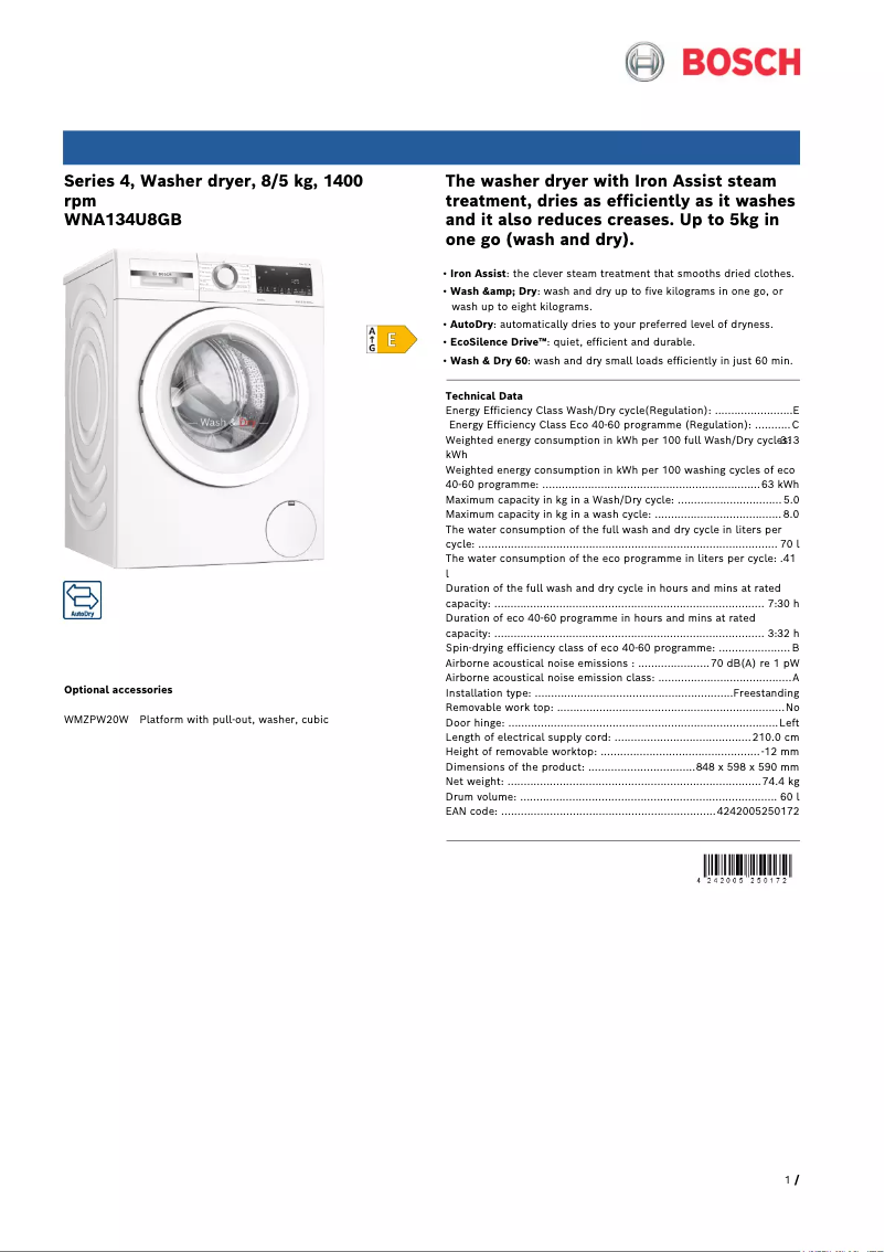 Page n°1 - Fiche technique Bosch WNA134U8GB