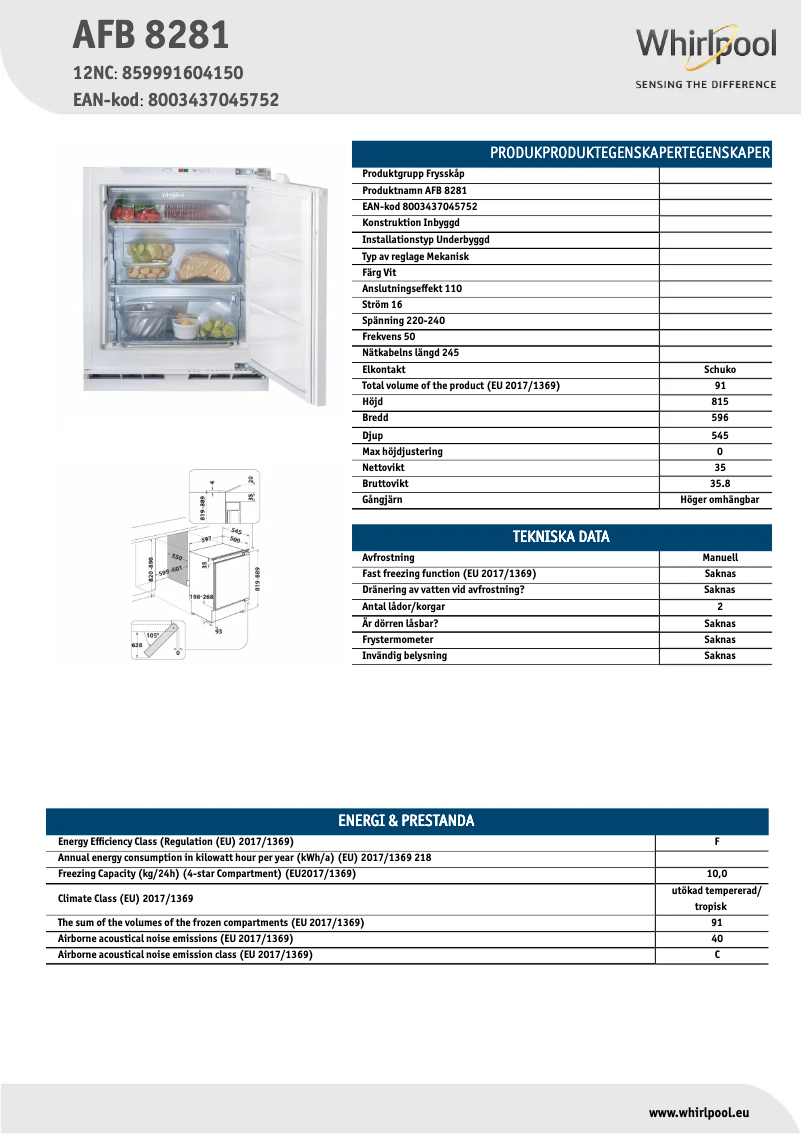 Page n°1 - Fiche technique Whirlpool AFB 8281