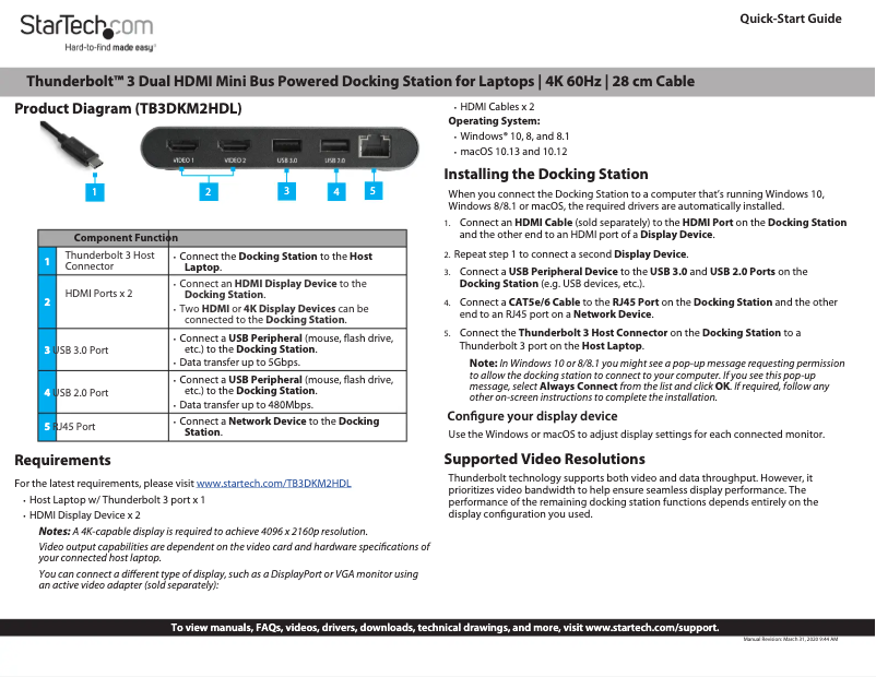 Page n°1 - Manuel utilisateur StarTech.com TB3DKM2HDL