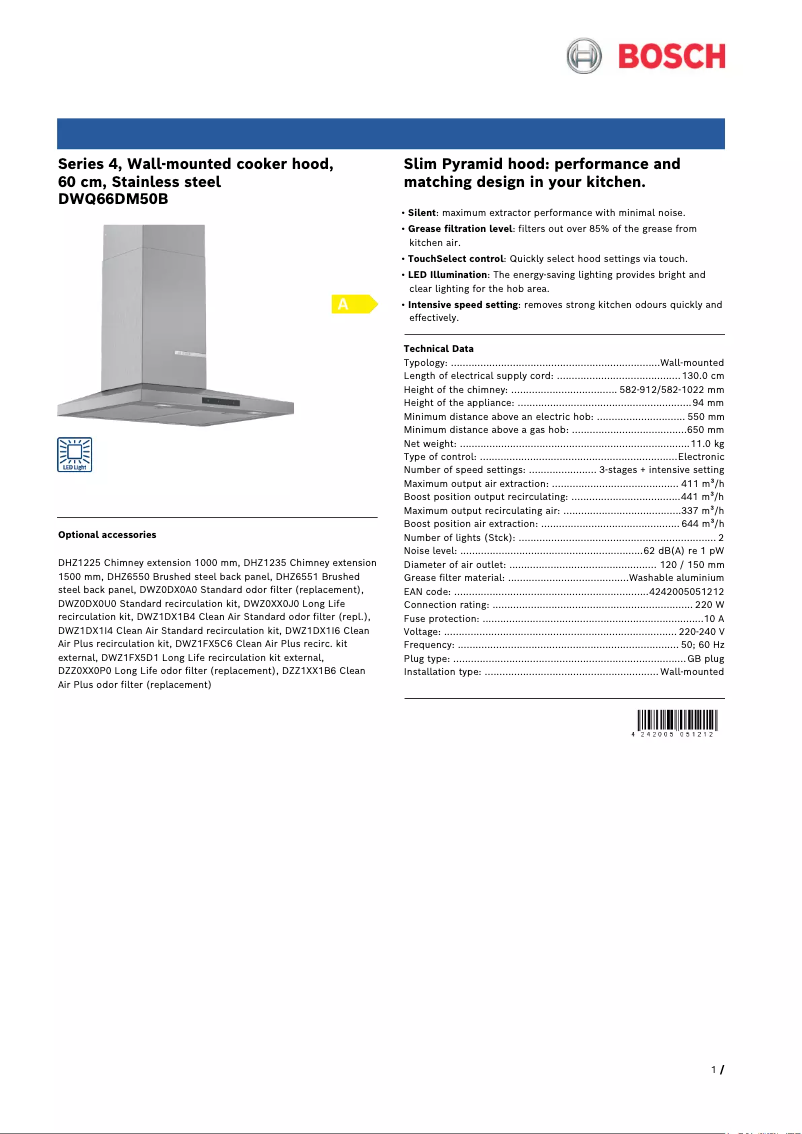 Page 1 de la notice Fiche technique Bosch Serie 4 DWQ66DM50B