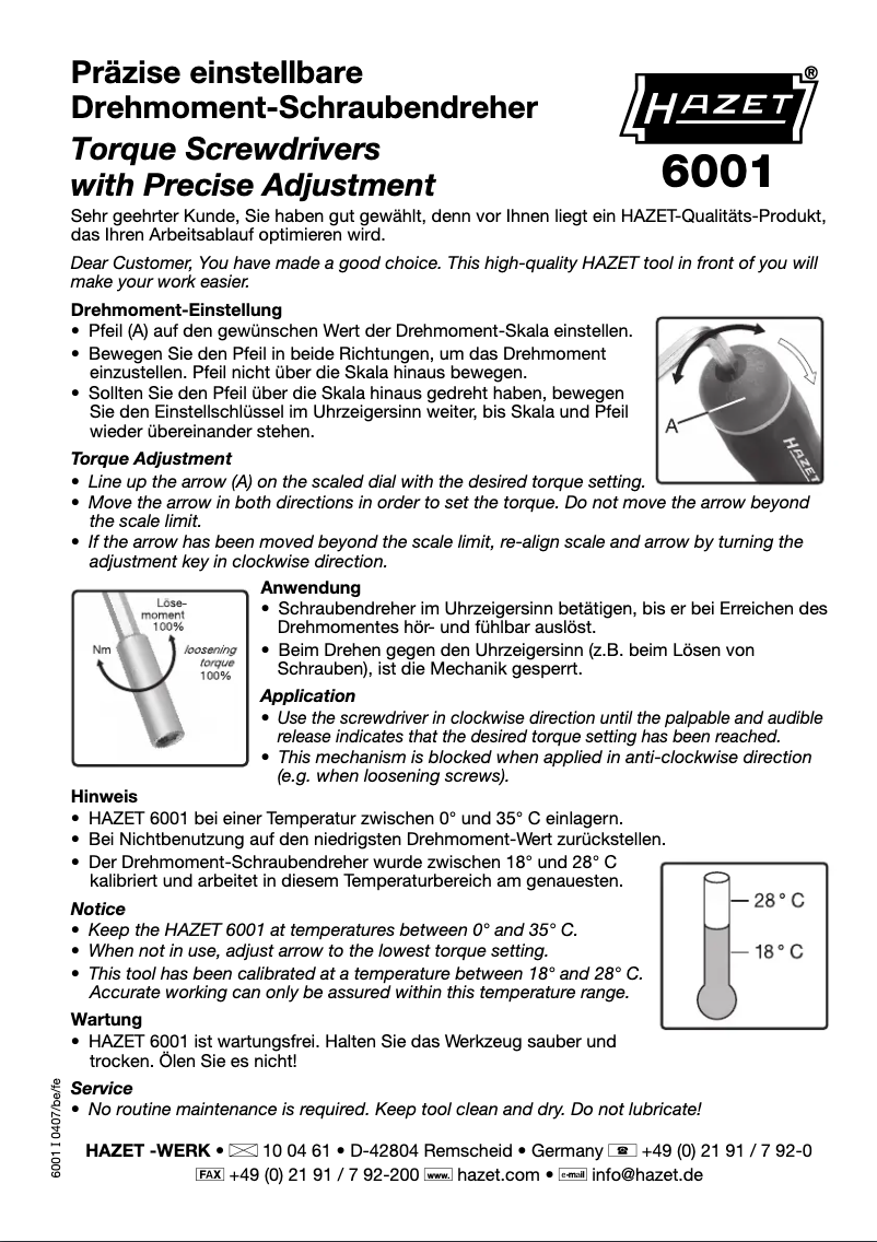 Page n°1 - Manuel utilisateur Hazet 6001-1.5/3
