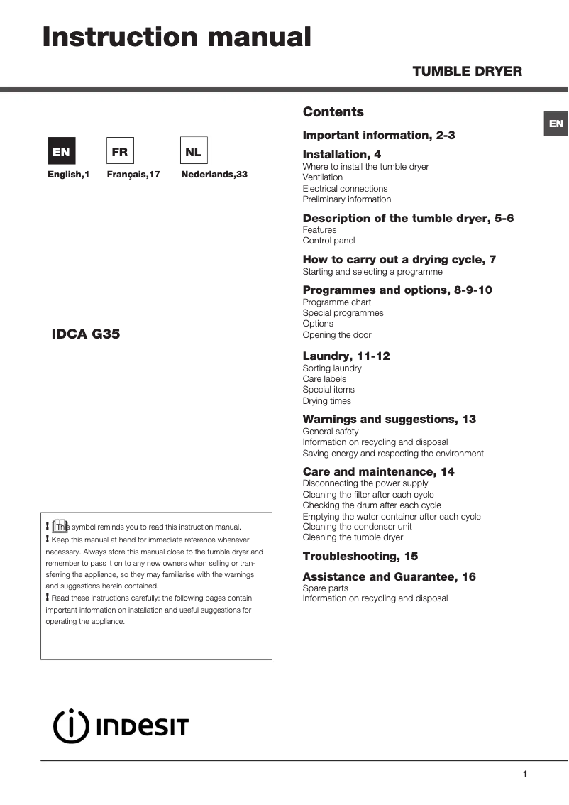 Page 1 de la notice Manuel utilisateur Indesit IDCA G35