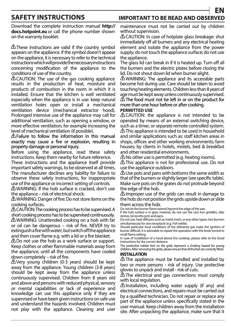Page n°1 - Manuel d'utilisation et d'entretien Hotpoint PHN 962 TS/IX/HA
