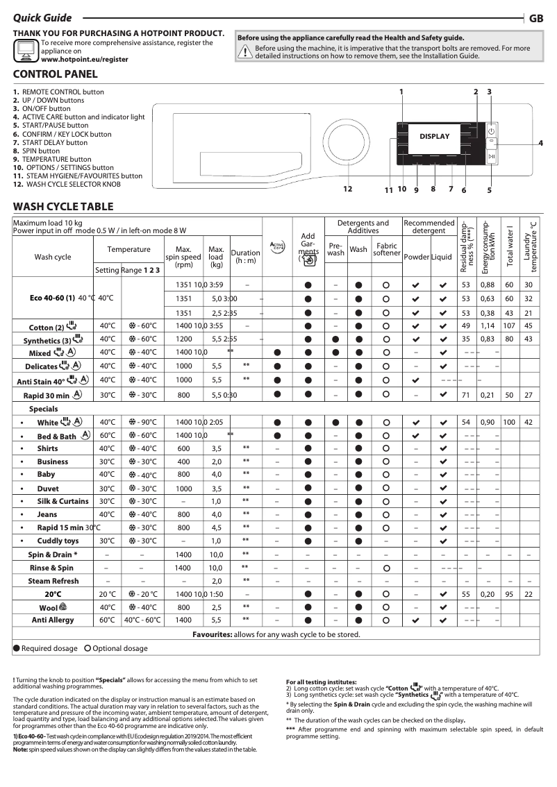 Page 1 de la notice Manuel utilisateur Hotpoint NLLCD 1044 WD AW UK N