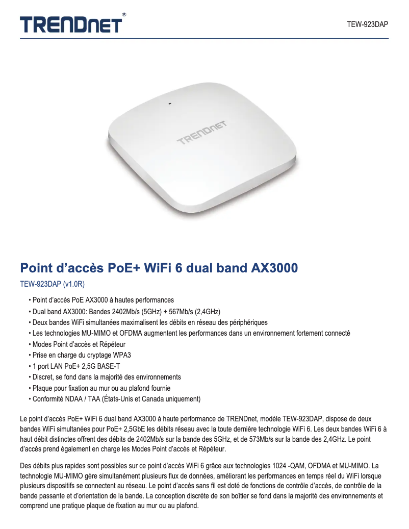 Page 1 de la notice Fiche technique TRENDnet TEW-923DAP