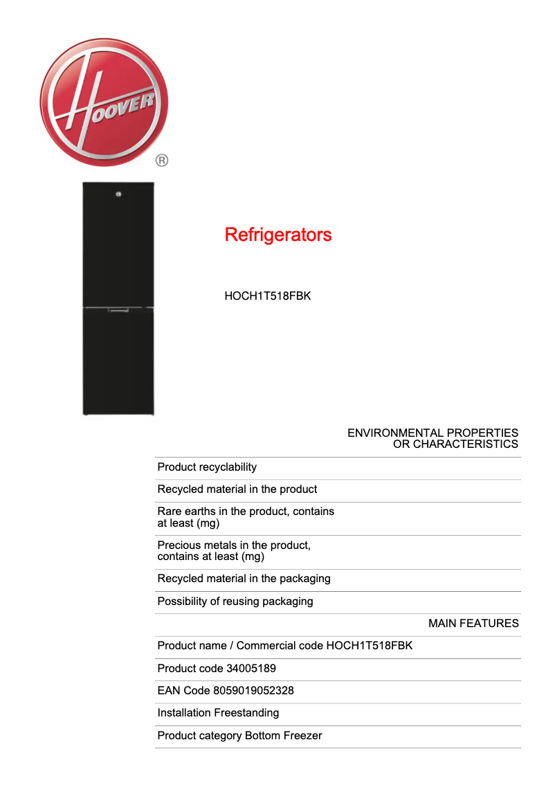Page 1 of the manual Technical Sheet Hoover HOCH1T518FBK