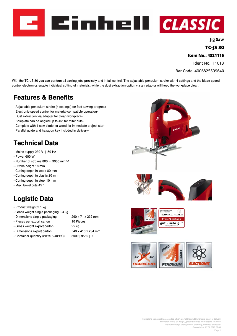 Page n°1 - Fiche technique Einhell TC-JS 80