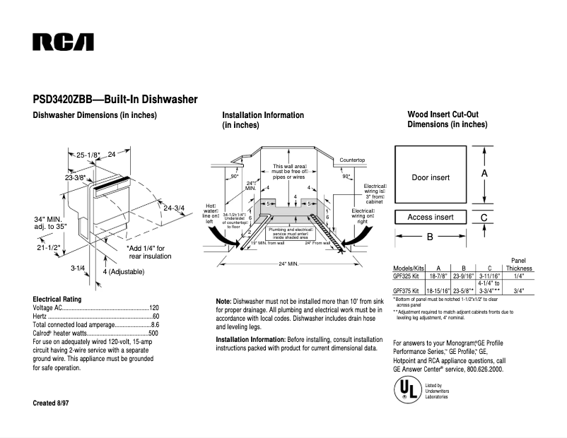 Página 1 del manual Ficha técnica RCA PSD3420ZBB