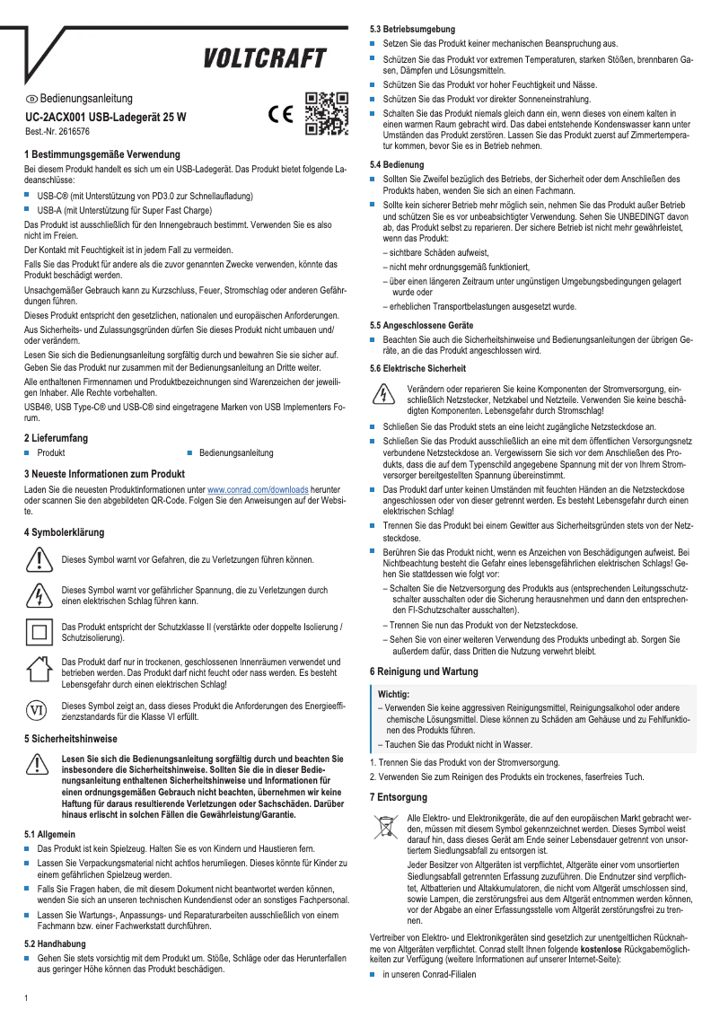 Page 1 de la notice Manuel utilisateur Voltcraft UC-2ACX001