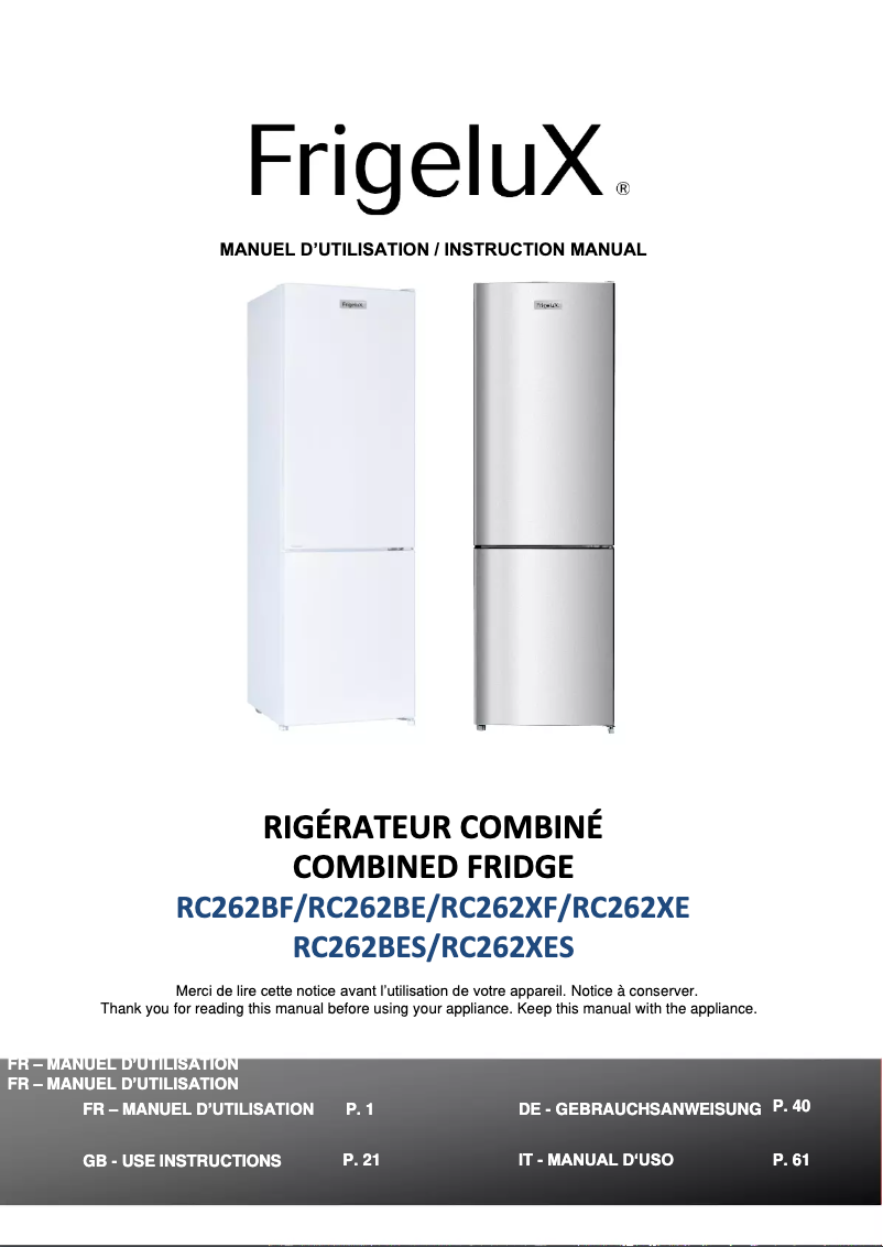 Page 1 de la notice Manuel utilisateur FrigeluX RC262BF
