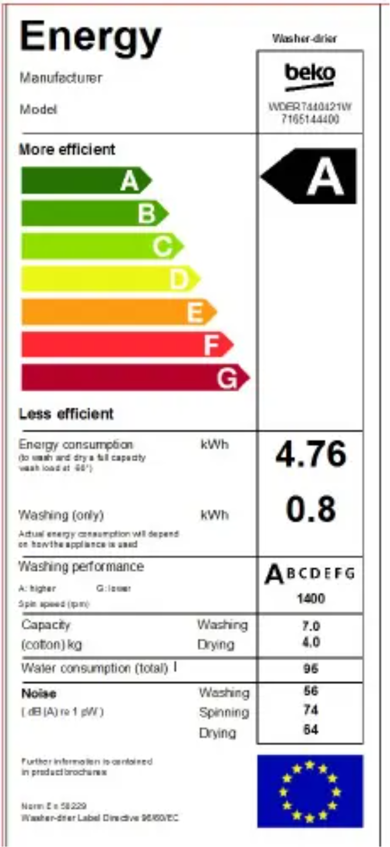 Page 1 de la notice Label énergétique Beko WDER7440421