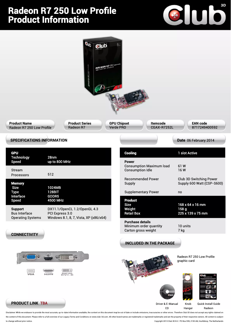 Page n°1 - Manuel utilisateur CLUB3D Radeon R7 250 Low Profile