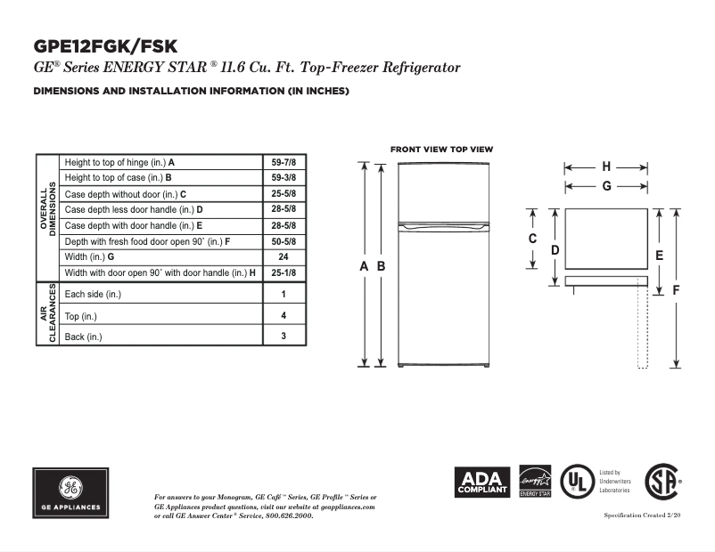 Page 1 de la notice Fiche technique GE GPE12FGKBB