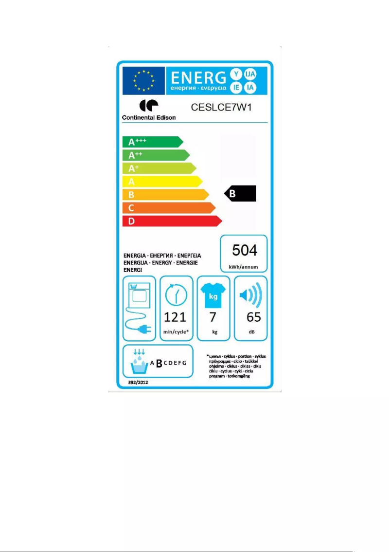 Page 1 de la notice Label énergétique Continental Edison CESLCE7W1
