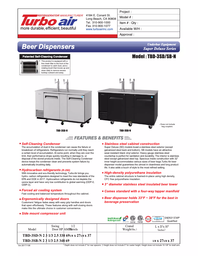 Page 1 de la notice Fiche technique Turbo air TBD-3SD
