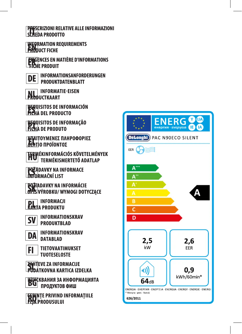 Page 1 de la notice Fiche technique DeLonghi PAC N90ECO Silent