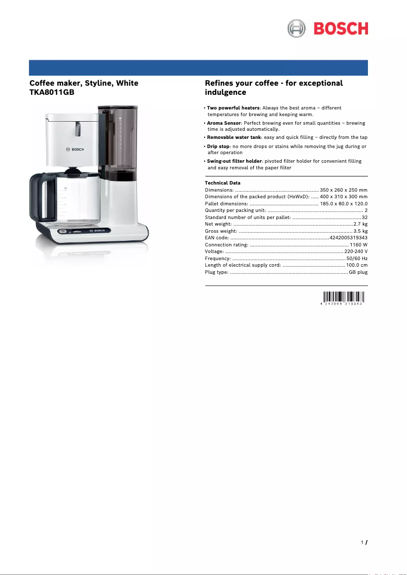 Page 1 de la notice Fiche technique Bosch TKA8011GB