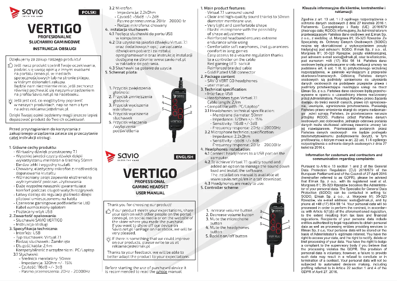Page n°1 - Manuel utilisateur Savio Vertigo