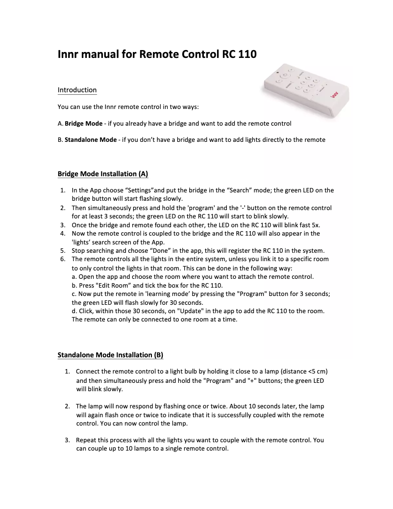 Page n°1 - Manuel utilisateur Innr RC 110