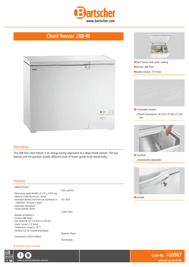 Page 1 de la notice Fiche technique Bartscher 288-W