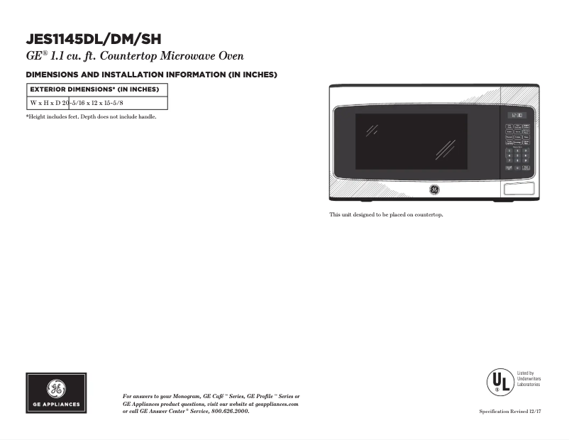 Page 1 of the manual Technical Sheet GE JES1145DLWW