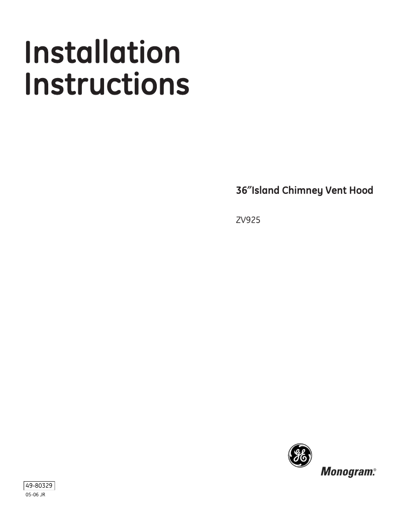 Page 1 de la notice Guide d'installation Monogram ZV925SLSS