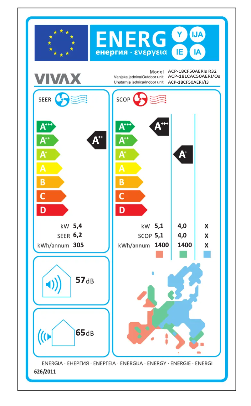 Page 1 de la notice Label énergétique Vivax ACP-18CF50AERI+ R32