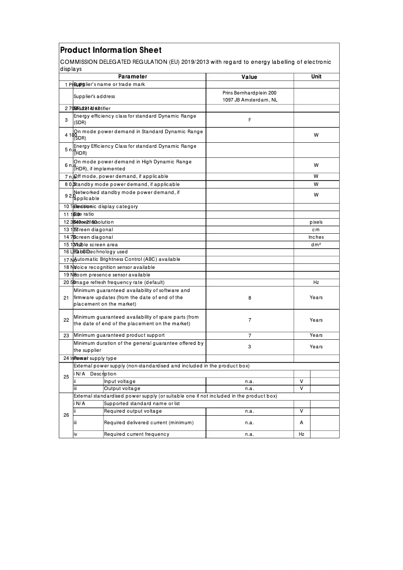 Page 1 de la notice Fiche technique Philips 70BFL2214