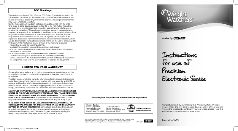 Page 1 de la notice Manuel utilisateur Conair Weight Watchers WW15