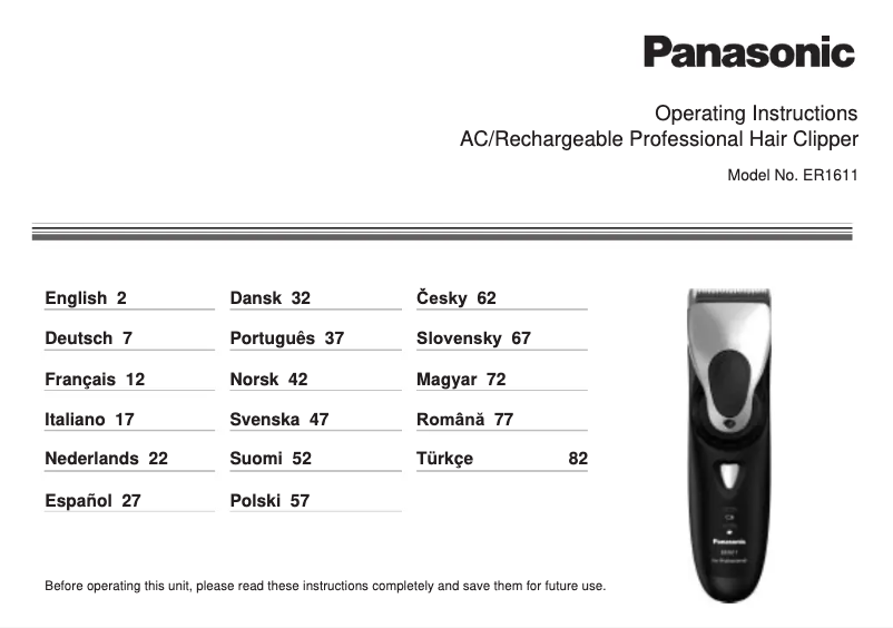 Page 1 de la notice Manuel utilisateur Panasonic ER1611