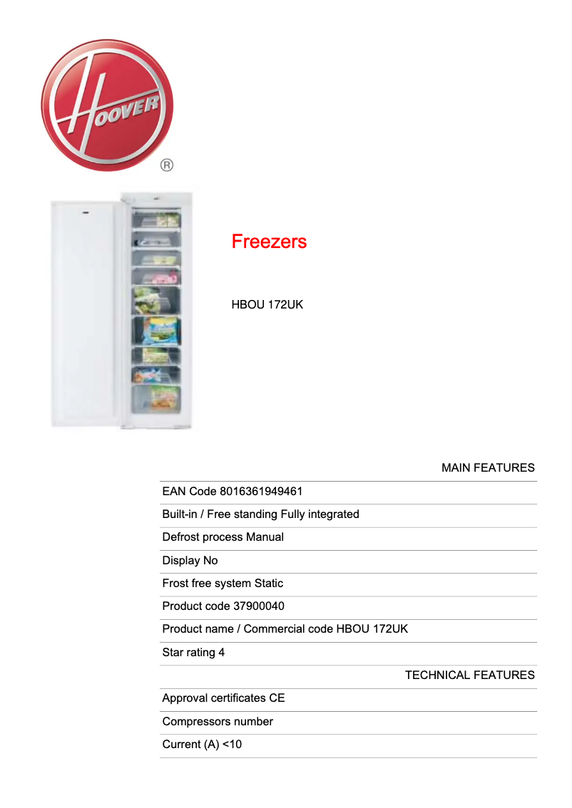 Page 1 de la notice Fiche technique Hoover HBOU 172UK